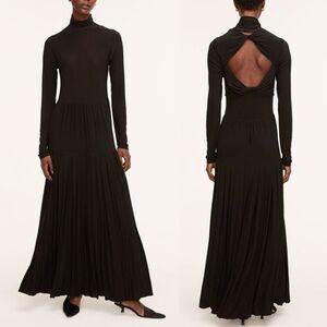 Rebecca Taylor Pleated Knit Mock Neck Open Back Long Sleeve Black Maxi Dress XS‎